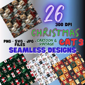 Christmas Cats Seamless Designs PNG, Digital Vintage Cats SVG, & Cartoon Patterns, Winter Cat Background, Holiday Craft, Gift for Cat Lovers