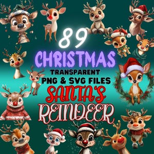 Christmas Reindeer Clipart PNG, Santa's Cartoon Reindeer SVG, Cute Holiday Watercolor Digital Art, Gift for Crafter & Scrapbooking, 89 Files