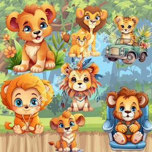 Collection of seven cartoon lion illustrations with transparent backgrounds. The image features cute lion cubs in different poses, some with floral elements and others with cute friendly smiles.