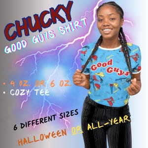 Chucky Child&#39;s Play T-Shirt, Good Guys T-Shirt, Chucky Doll Costume T-Shirt, Horror Movie Merch, Retro Halloween 80s Slasher Gifted Shirt