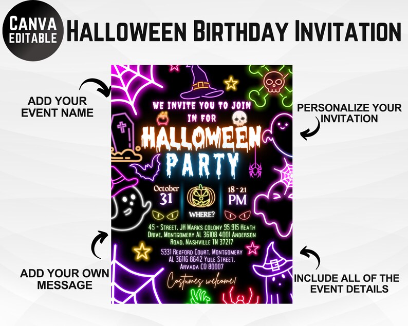 Neon Halloween Birthday Invitation Template Spooky Halloween Etsy