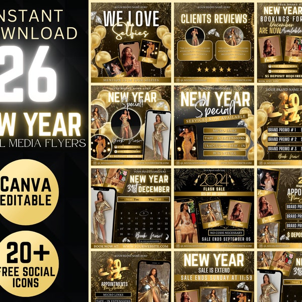 26 New Year Instagram Post Template-Holiday Booking Flyer-DIY New Year Booking Flyer-Calendar Flyer-Nails-Lashes-Braid-New Year countdown