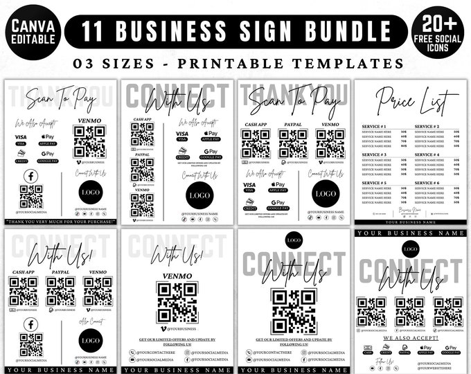 Editable Small Business Sign Bundle, Price List, Scan to Pay, Printable ...