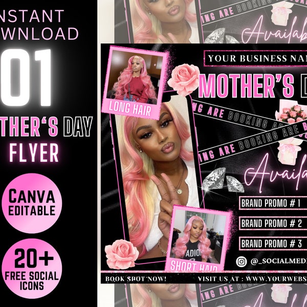 Mother's Day Booking Flyer, Mother's Day Special Flyer, May Booking Flyer, Mother's Day Deals Hair Braids Makeup Nails Lash Wigs Install