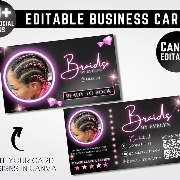 Hair Braiding Business Card, DIY Marketing Cards Design, Braids Business Cards, Hairdresser Cards, Hair Extensions Business Card Template