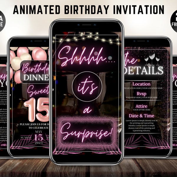 Animated Birthday dinner video invitation digital birthday party invitation text invitation dinner party invite download canva template