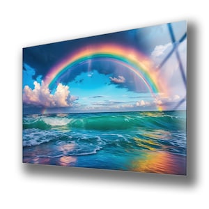 Tempered Glass Rainbow Ocean Wall Art: Minimalist Home Decor