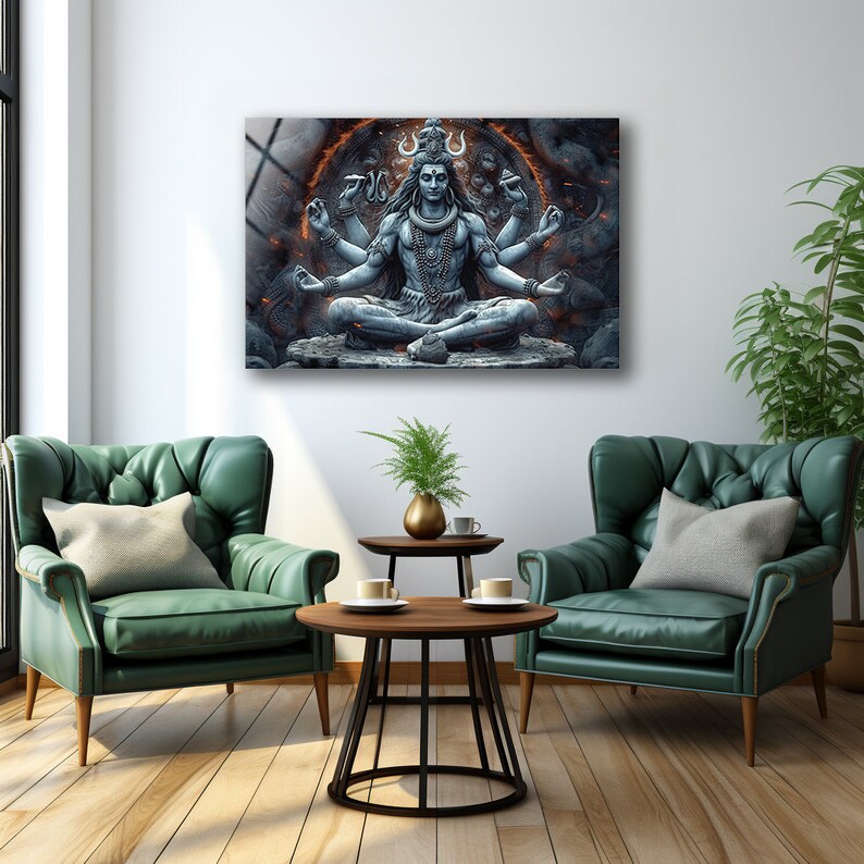 May include: A rectangular wall art print featuring a detailed, blue-toned illustration of a multi-armed deity sitting in a meditative lotus position. The figure is surrounded by a glowing orange circular aura and dark, textured, swirling smoke-like patterns.