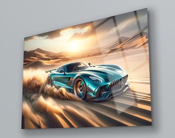 May include: A teal green sports car drives through a desert landscape. The car is speeding and kicking up sand as it drives.