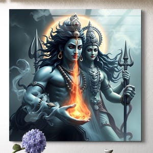 Lord Shiva and Parvati Wall Art | Hindu God Glass Print | Spiritual Home Decor | Indian Mythology Artwork | Sacred Divine Couple Unique Art