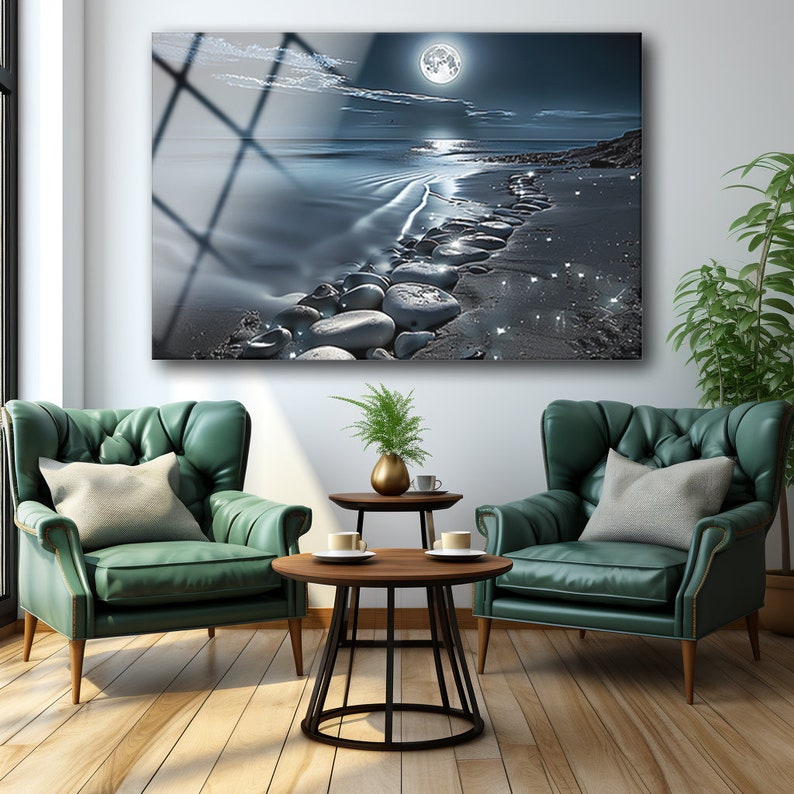 Night Beach Wall Art , Moon Wall Art , Night Landscape Wall Art , Tempered Glass Art , Glass Printing , High Quality , Housewarming Gift image 6