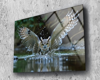 Owl Tempered Glass Wall Art: Modern Bird of Prey Decor