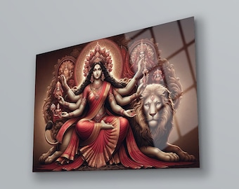 Durga Tempered Glass Wall Art, Hindu Goddess Durga Wall Decor, Indian Spiritual Artwork, Divine Goddess, Meditation and Puja Room
