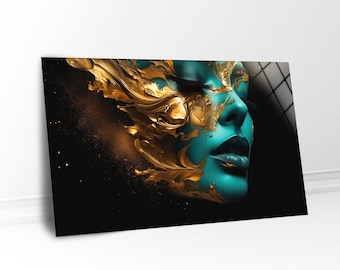 Gold Abstract Face Glass Wall Art: Modern Woman Portrait, Home and Office Luxury Decor, Unique Gift, Large Wall Art, Ready To Hang