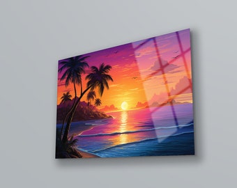 May include: A vibrant sunset over a tropical beach with palm trees silhouetted against the orange, pink, and purple sky. The sun is setting over the ocean, reflecting in the water.