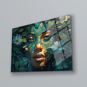 Abstract Woman Tempered Glass Wall Art: Vivid Floral Decor