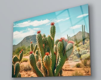 Saguaro Cactus Tempered Glass Wall Art: Arizona Desert Decor