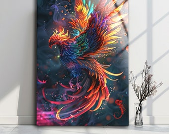 Phoenix Wall Decor, Firebird Image, Mythological Phoenix Art, Fantasy Home Decoration, Colorful Glass Wall Art, Tempered Glass Print, Gift