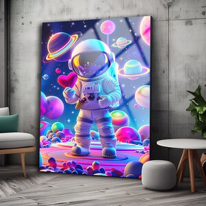 Arte da parete astronauta, arte da parete spaziale, arte da parete colorata, decorazione da parete spaziale, arte da parete in vetro temperato, stampa su vetro, regalo di compleanno