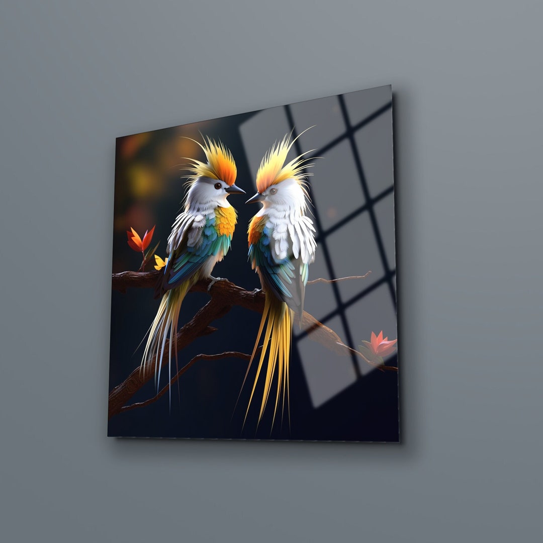 Love Birds Wall Art , Colorful Birds Wall Art , Tempered Glass Printing