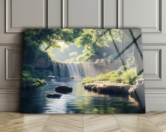Tempered Glass Waterfall Wall Art: Panoramic Landscape Print