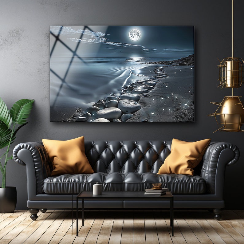 Night Beach Wall Art , Moon Wall Art , Night Landscape Wall Art , Tempered Glass Art , Glass Printing , High Quality , Housewarming Gift image 5