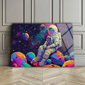 Arte murale spaziale, Arte murale astronauta, Arte murale colorata, Arte murale in vetro temperato, Stampa su vetro, Decorazione murale, Regalo di inaugurazione della casa