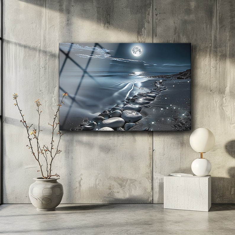 Night Beach Wall Art , Moon Wall Art , Night Landscape Wall Art , Tempered Glass Art , Glass Printing , High Quality , Housewarming Gift image 3