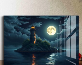Puede incluir: Impresión en lienzo que representa un faro en una pequeña isla bajo la luna llena. El faro es de color gris oscuro con una linterna encendida. La luna es de color amarillo brillante y el cielo está lleno de nubes oscuras. El agua refleja la luz de la luna.