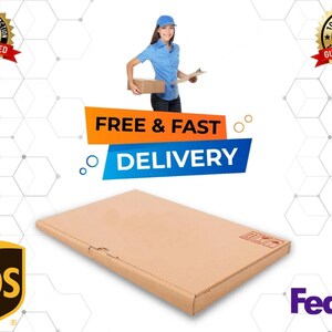 May include: A flat, rectangular brown cardboard shipping box with a smooth surface. The box is positioned horizontally, featuring a small red printed icon on the top right corner. The design is simple, functional, and made of standard corrugated material.