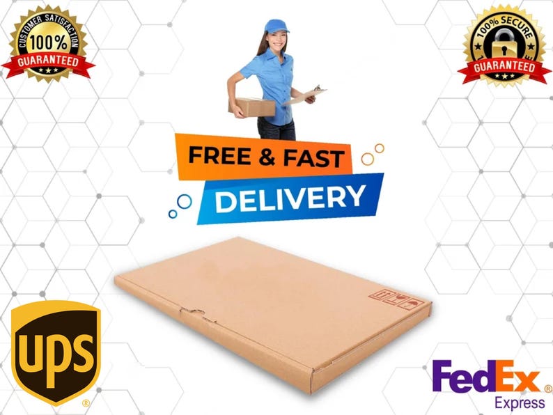 May include: A flat, rectangular brown cardboard shipping box with a smooth surface. The box is positioned horizontally, featuring a small red printed icon on the top right corner. The design is simple, functional, and made of standard corrugated material.