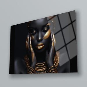 Beatiful Woman Wall Art , Black Woman Wall Art , Gold and Black Wall Decor , Tempered Glass Art , Glass Printing , Modern Art , Wall Hanging
