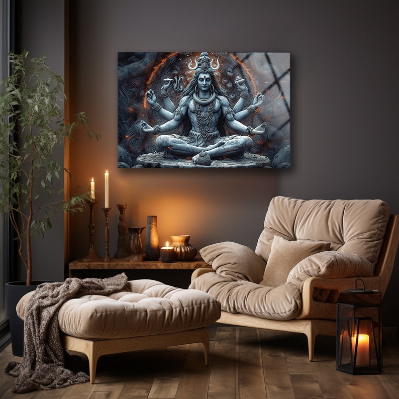 May include: A rectangular wall art print featuring a blue-toned, multi-armed deity sitting in a meditative lotus position. The figure is surrounded by a glowing, fiery circular aura, with intricate details on the face, jewellery, and hair.