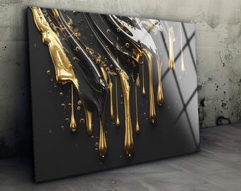 Abstract Gold Drip Tempered Glass Wall Art: Modern Floating Panel