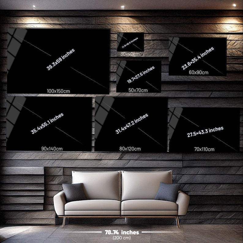 May include: A collection of seven rectangular black wall art panels displayed in various sizes, including 100x150 cm, 90x140 cm, 80x120 cm, 70x110 cm, 60x90 cm, 50x70 cm, and 30x42 cm, positioned above a sofa measuring 200 cm in width.