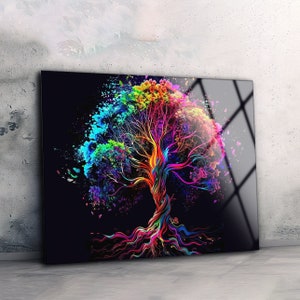 Colorful Tree of Life Tempered Glass Wall Art: Modern Home Decor