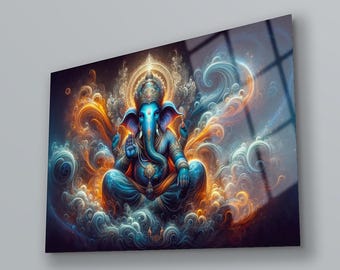 Ganesh Tempered Glass Wall Art, Ganesha Hindu Decor, Spiritual Home Decor, Indian Wall Art, Meditation Room Decor, Ready to Hang