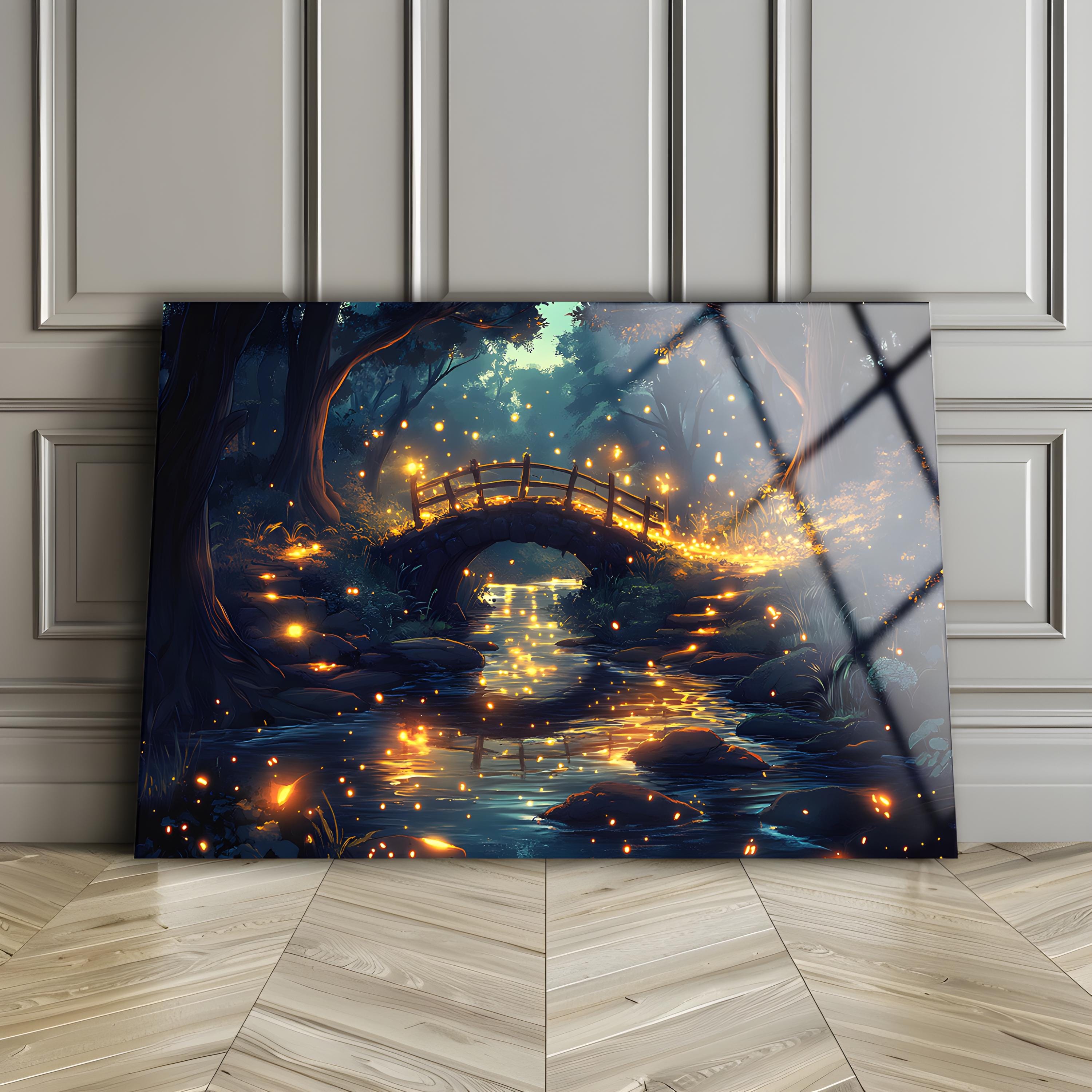 Arte mural de paisaje nocturno de vidrio templado: Decoración de arroyo forestal