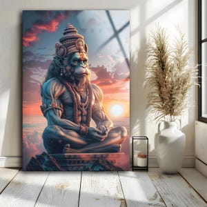 Decorazione murale Hanuman in vetro temperato, decorazione spirituale indù, grande stampa indiana su vetro, regalo unico per inaugurazione della casa, decorazione in vetro minimalista e moderna.