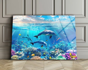 Arte mural de vidrio templado con diseño de delfines: decoración de arrecifes oceánicos