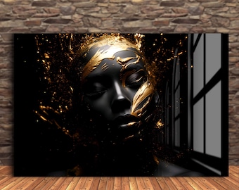 Black and Gold Woman Abstract Tempered Glass Wall Art