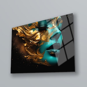 Beatiful Woman Wall Art , Wall Art Woman , Gold Black Wall Decor , Tempered Glass Wall Art , Glass Printing ,  Housewarming Gift