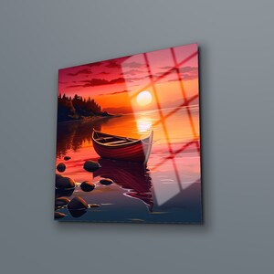 Dinghy Wall Art, Sunset Landscape , Sea Wall Art , Tempered Glass Wall Art , Glass Printing , Large Wall Art , Glass Wall Art