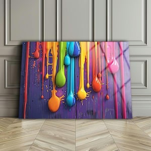 Rainbow Paint Drops Tempered Glass Wall Art: Modern Colorful Decor