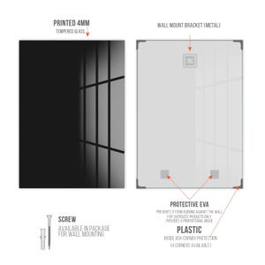 May include: A rectangular wall art piece made of 4mm tempered glass. The back features a metal wall mount bracket, four plastic corner protectors, and two protective EVA pads. A screw and wall anchor are included for installation purposes.