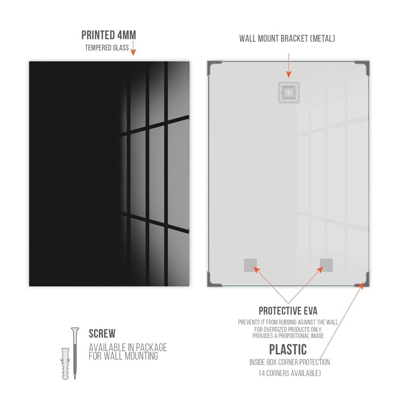 May include: A rectangular wall art piece made of 4mm tempered glass. The back features a metal wall mount bracket, four plastic corner protectors, and two protective EVA pads. A screw and wall anchor are included for installation purposes.
