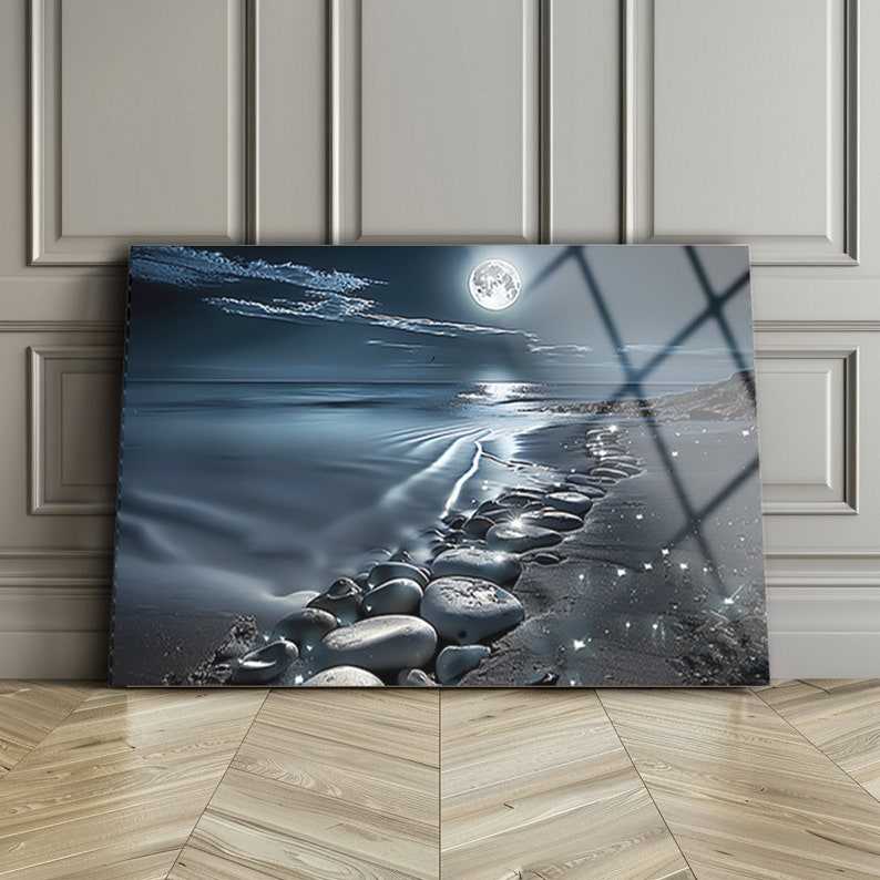 Night Beach Wall Art , Moon Wall Art , Night Landscape Wall Art , Tempered Glass Art , Glass Printing , High Quality , Housewarming Gift image 4