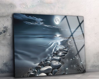 Night Beach Wall Art , Moon Wall Art , Night Landscape Wall Art , Tempered Glass Art , Glass Printing , High Quality , Housewarming Gift