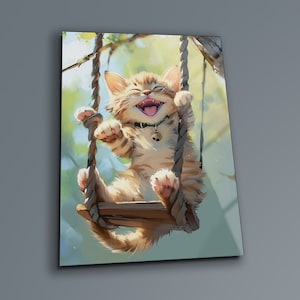 Cute Cat Wall Art , Nursery Animal Wall Art , Animal Wall Art , Tempered Glass Wall Art , Glass Printing , Large Wall Art , Glass Wall Art