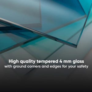May include: A stack of transparent blue-tinted tempered glass sheets, each measuring 4 mm in thickness. The glass features smooth, ground corners and edges. The text on the image reads: High quality tempered 4 mm glass with ground corners and edges for your safety.